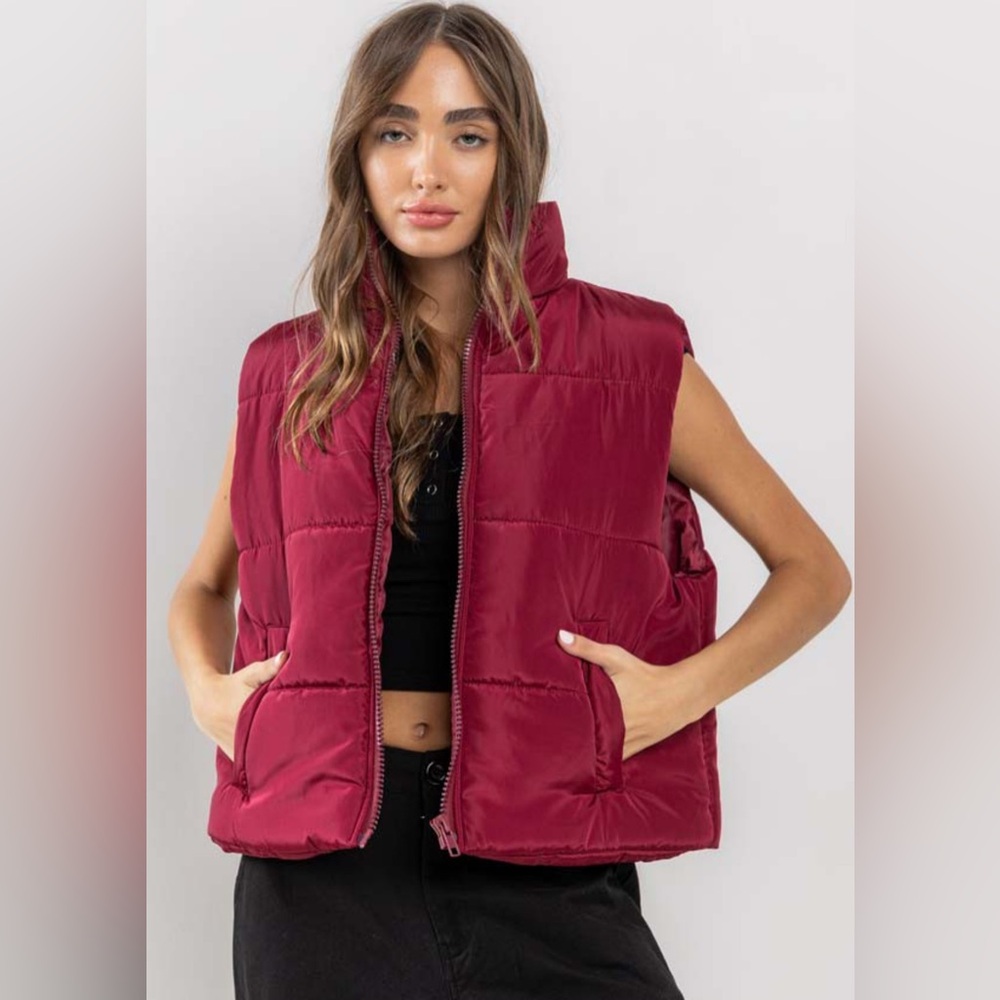 Women's Burgundy Oversized Zipper Puffer Vest